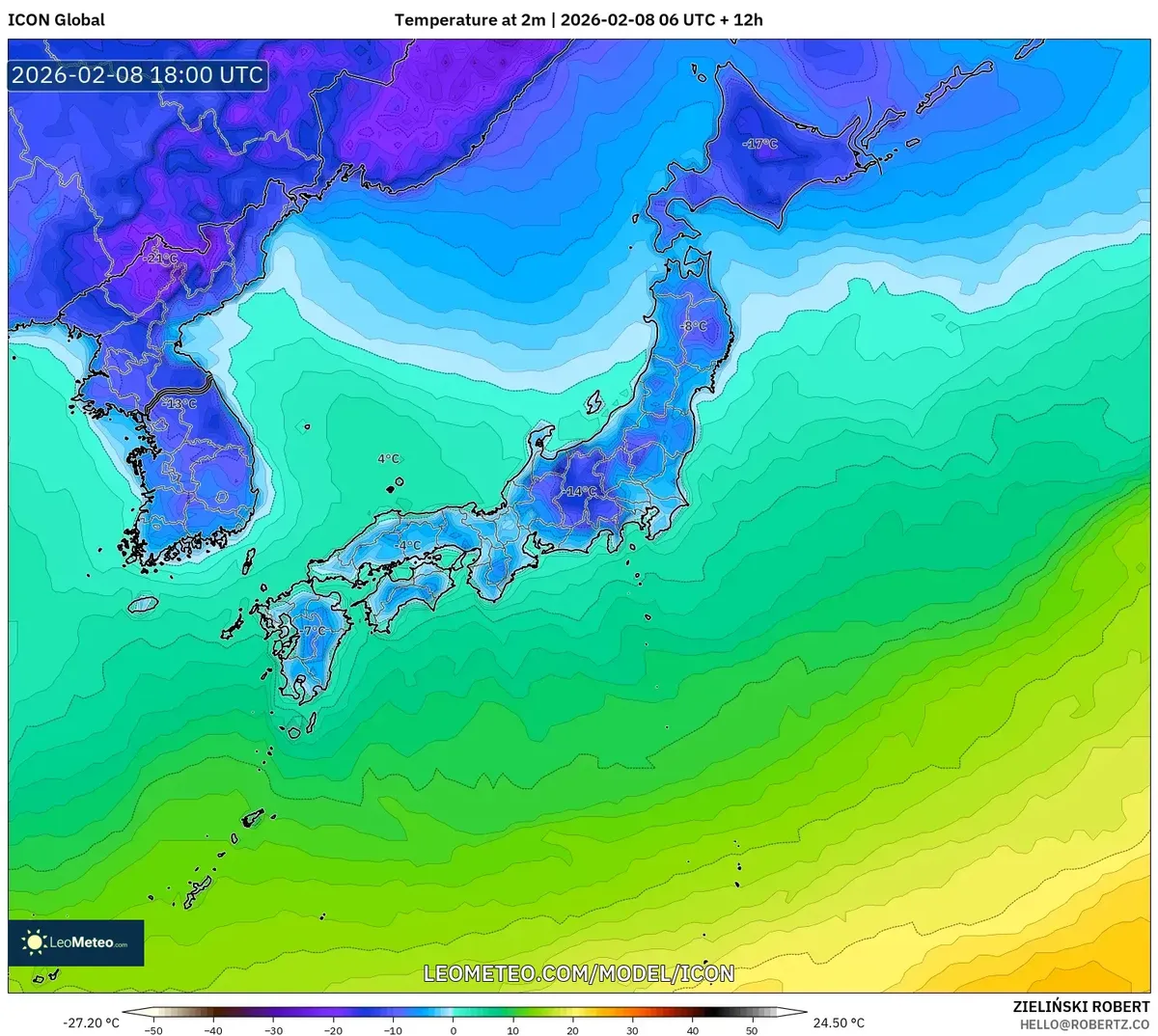 2026年2月9日の北日本の低温分布（ICON）