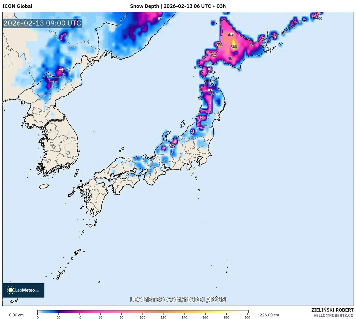 2026年2月13日の北海道のまとまった降雪予想（ICON）
