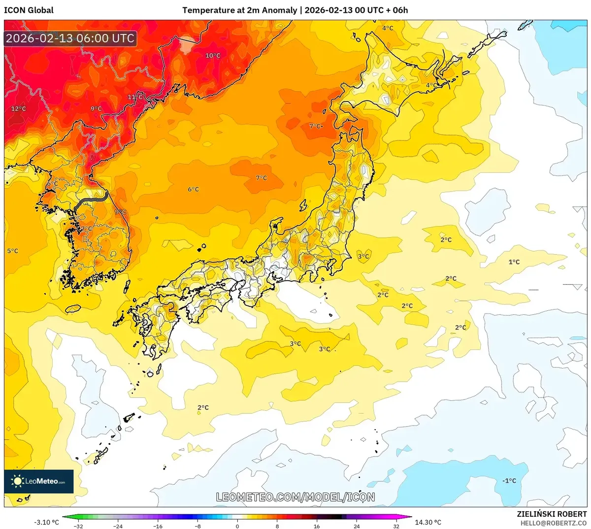 2026年2月13日の日本付近の気温平年差（ICON）