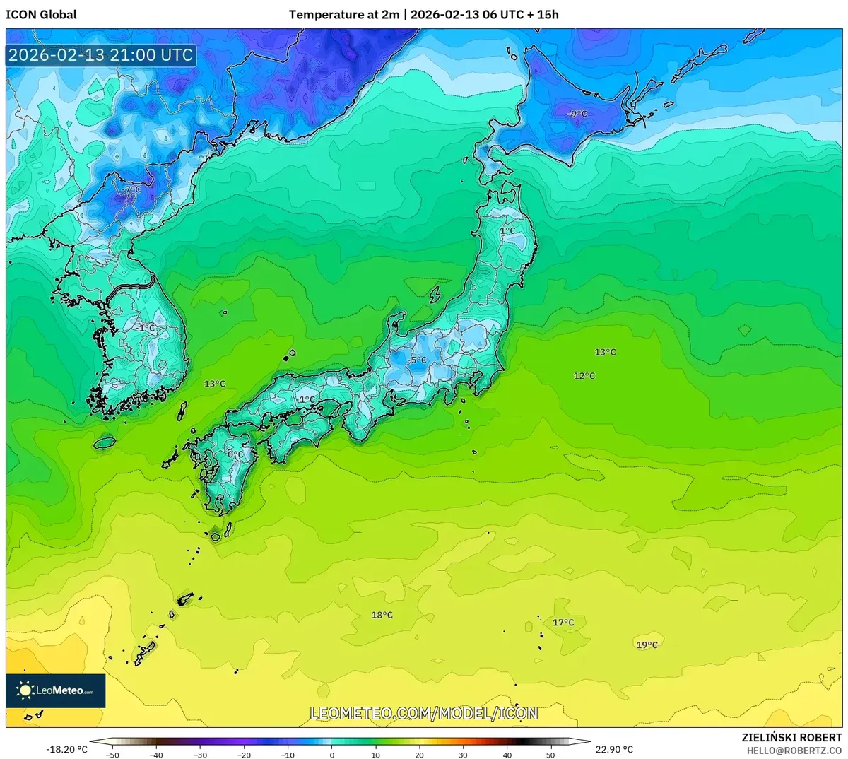 2026年2月14日朝の北日本の気温分布（ICON）