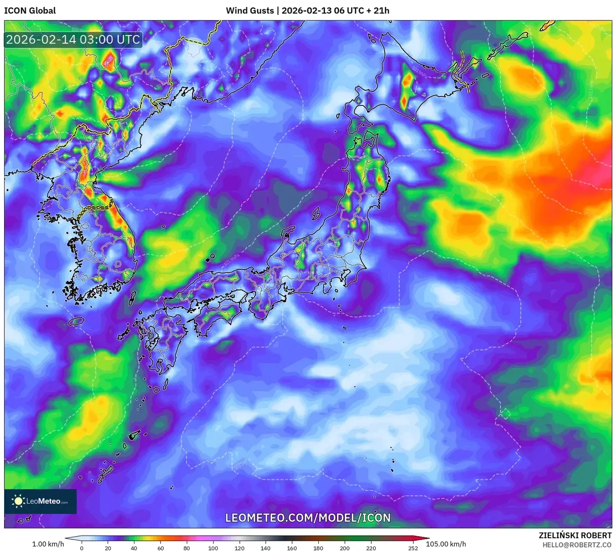 2026年2月14日夕方の東日本の風の弱い分布（ICON）