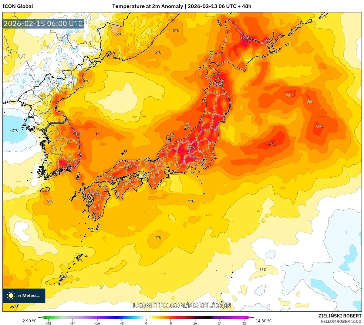 2026年2月15日の日本付近の気温分布（ICON）