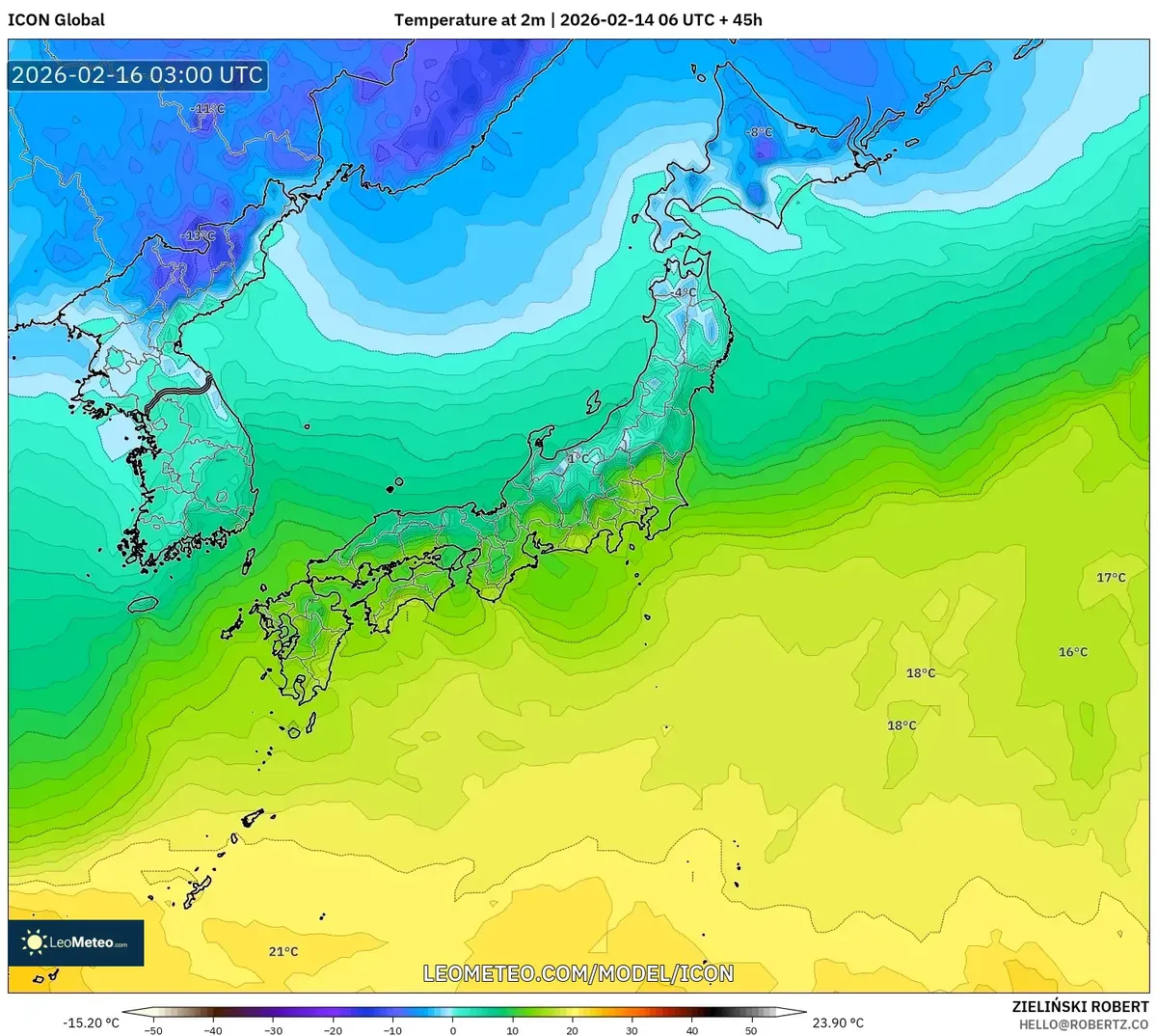 2026年2月16日 昼の日本各地の穏やかな気温分布