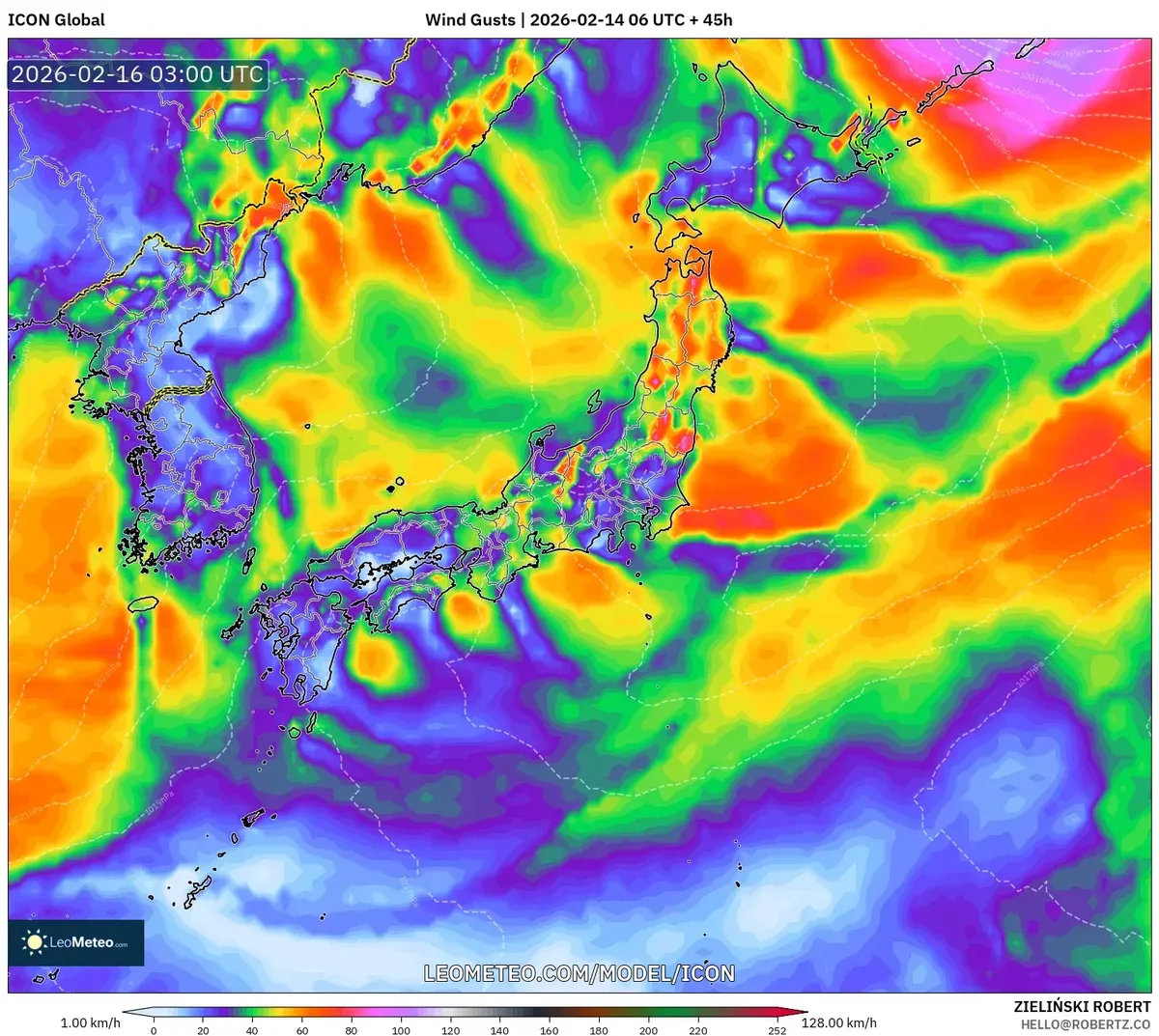 2026年2月16日 日本付近の西寄りのやや強い風
