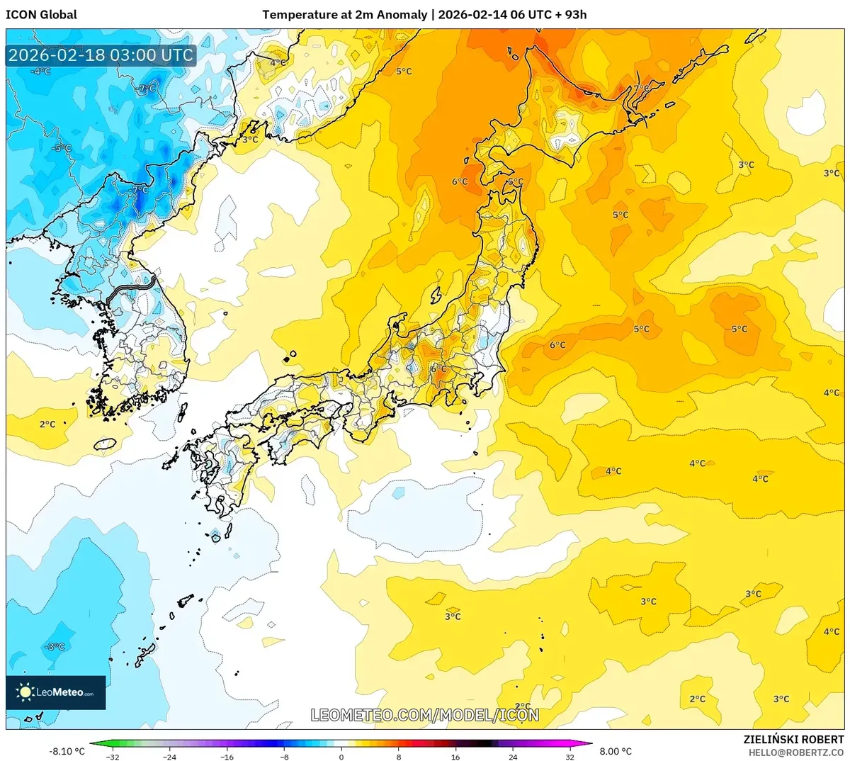 2026年2月18日 日本各地の平年比気温（アノマリー）