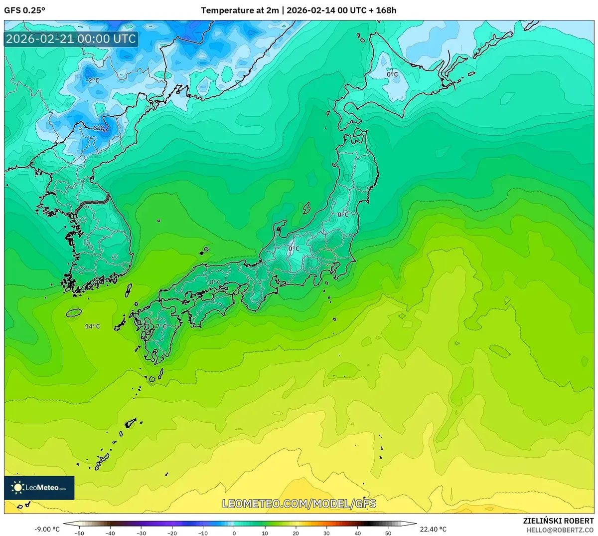 2026年2月21日 昼の日本各地の穏やかな気温分布