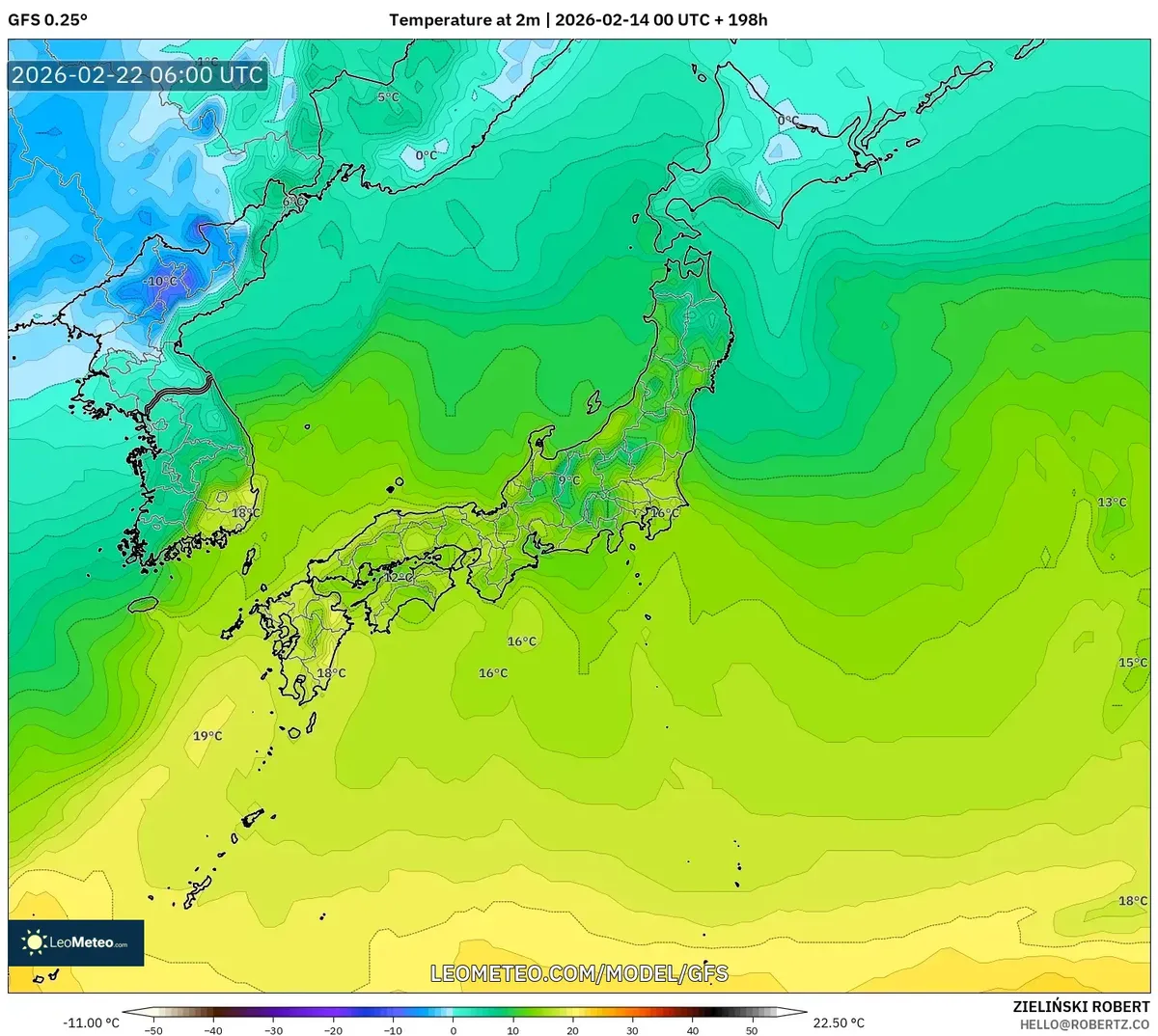 2026年2月22日 日本各地の穏やかな午後の気温