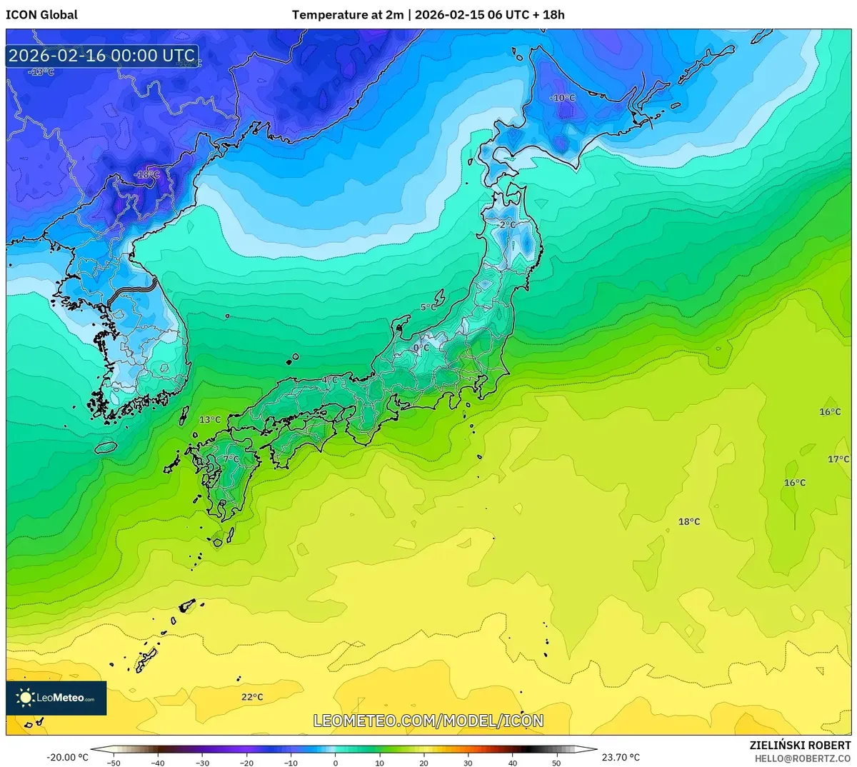 2026年2月16日 明け方の気温分布（ICON）