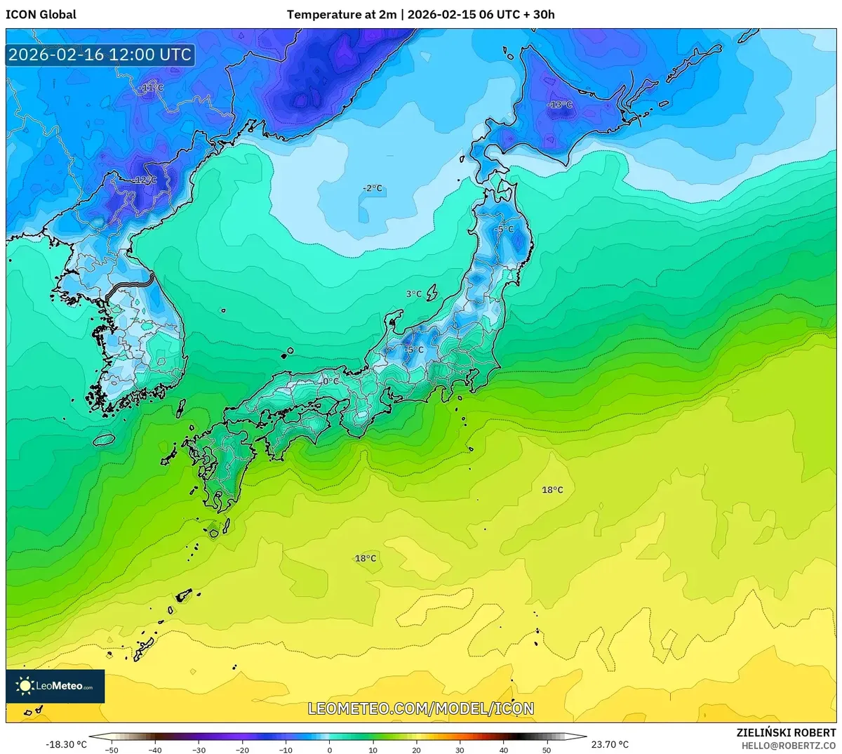 2026年2月16日 夜の冷え込みの予想（ICON）