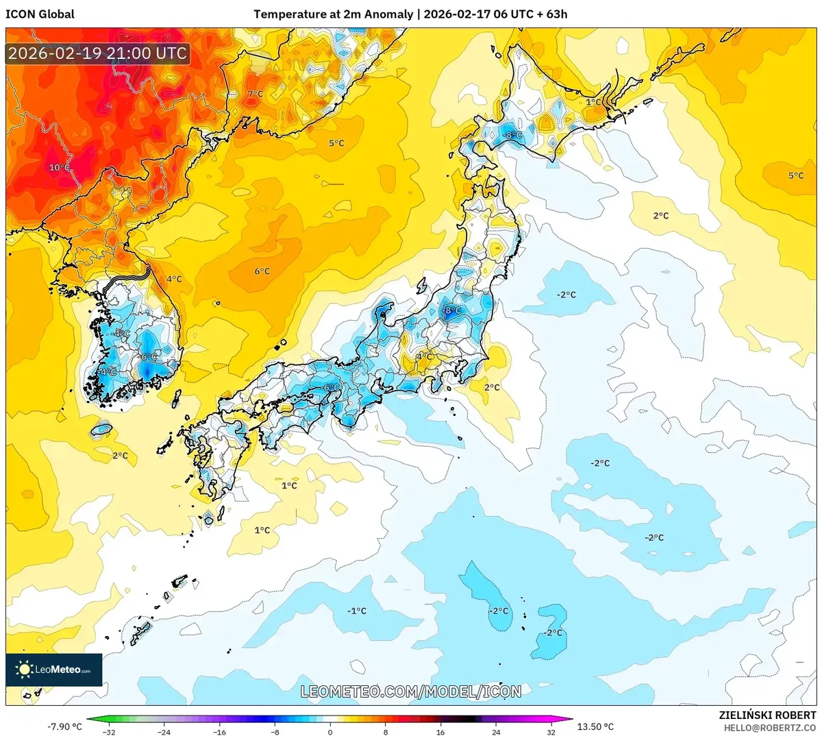 2026年2月20日 夕方の日本各地の平年差（ICON）