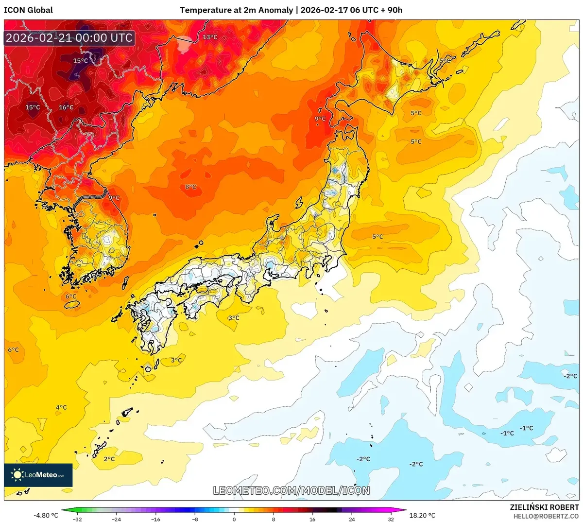 2026年2月21日 日本各地の気温平年差（ICON）