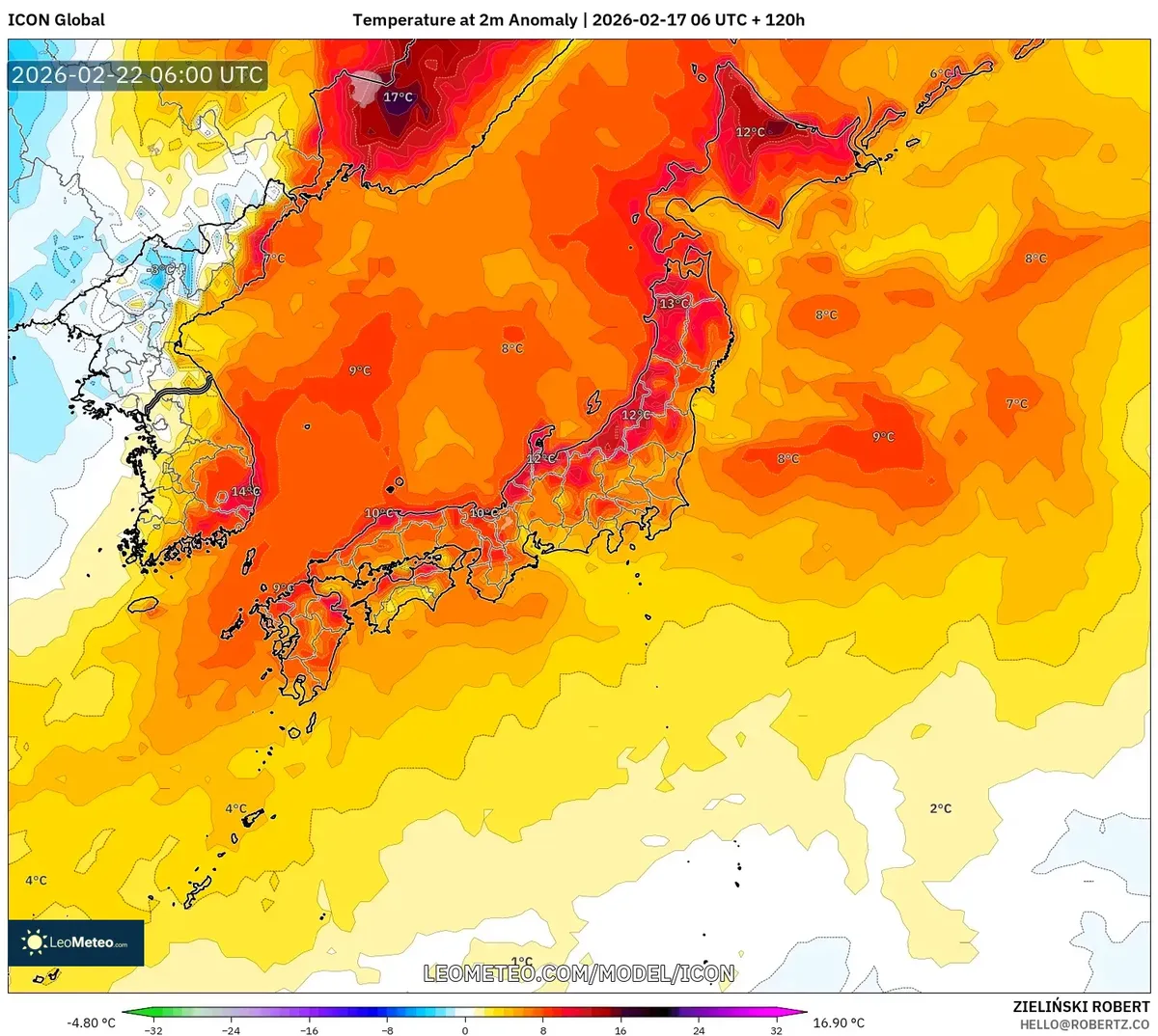 2026年2月22日 日本各地の暖かい気温平年差（ICON）