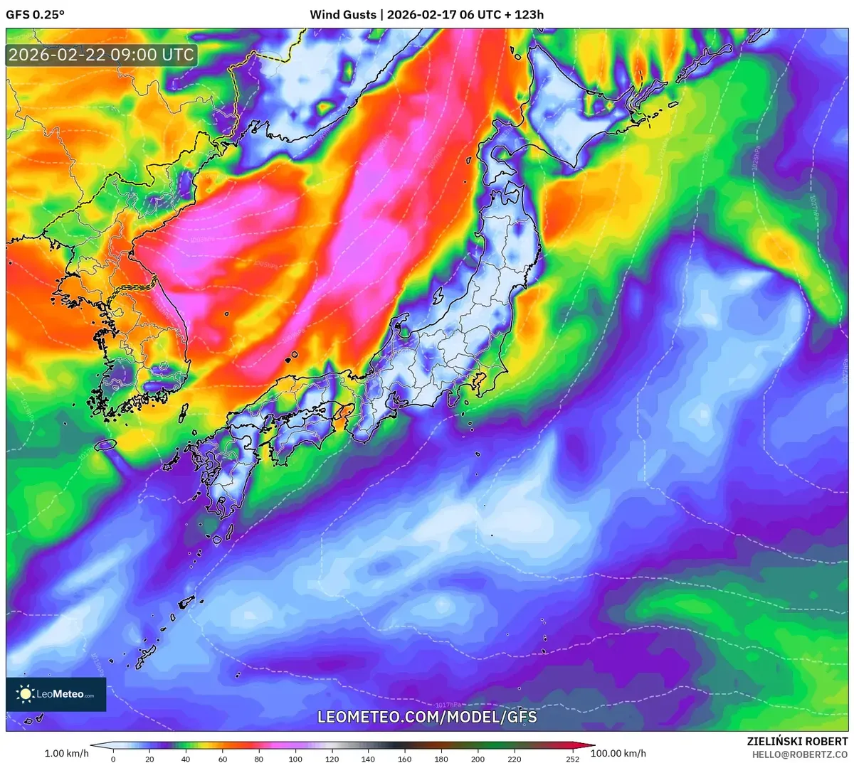 2026年2月22日 夕方の関東地方の突風の予想（GFS）