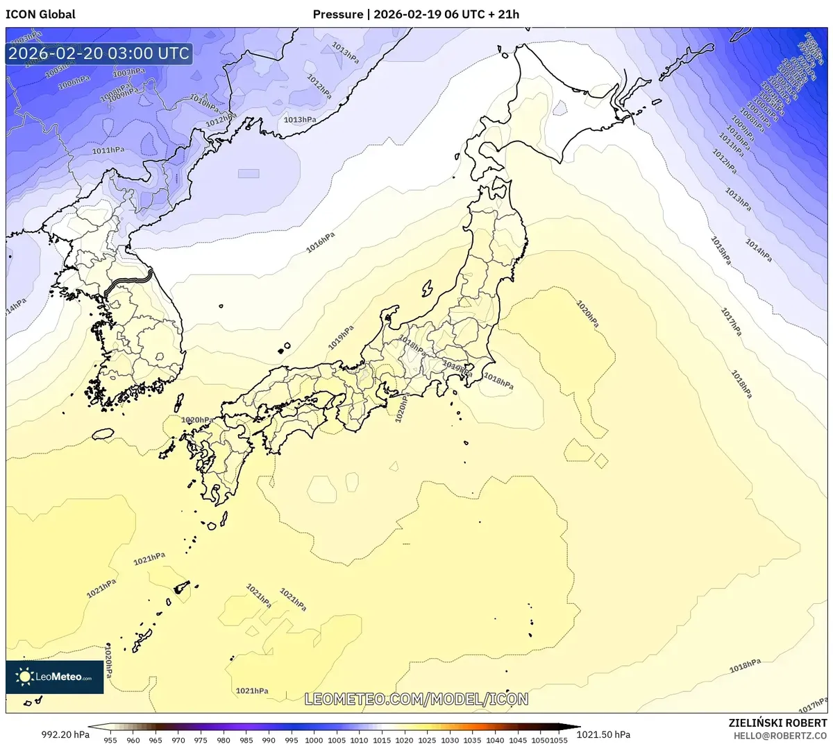 2026年2月20日 日本付近を覆う安定した高気圧