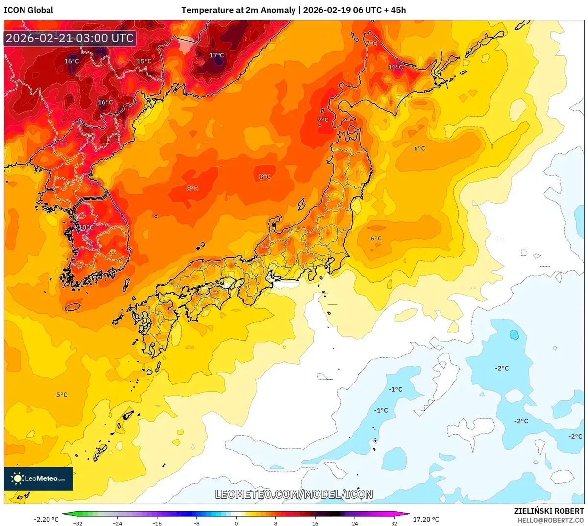 2026年2月21日 日本各地で広がる暖かめの気温偏差