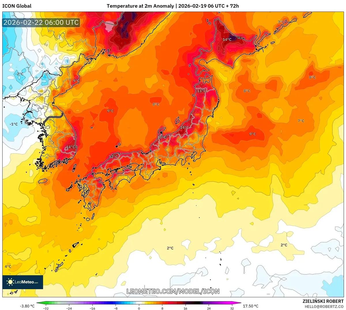 2026年2月22日 日本各地で平年より高めの気温分布