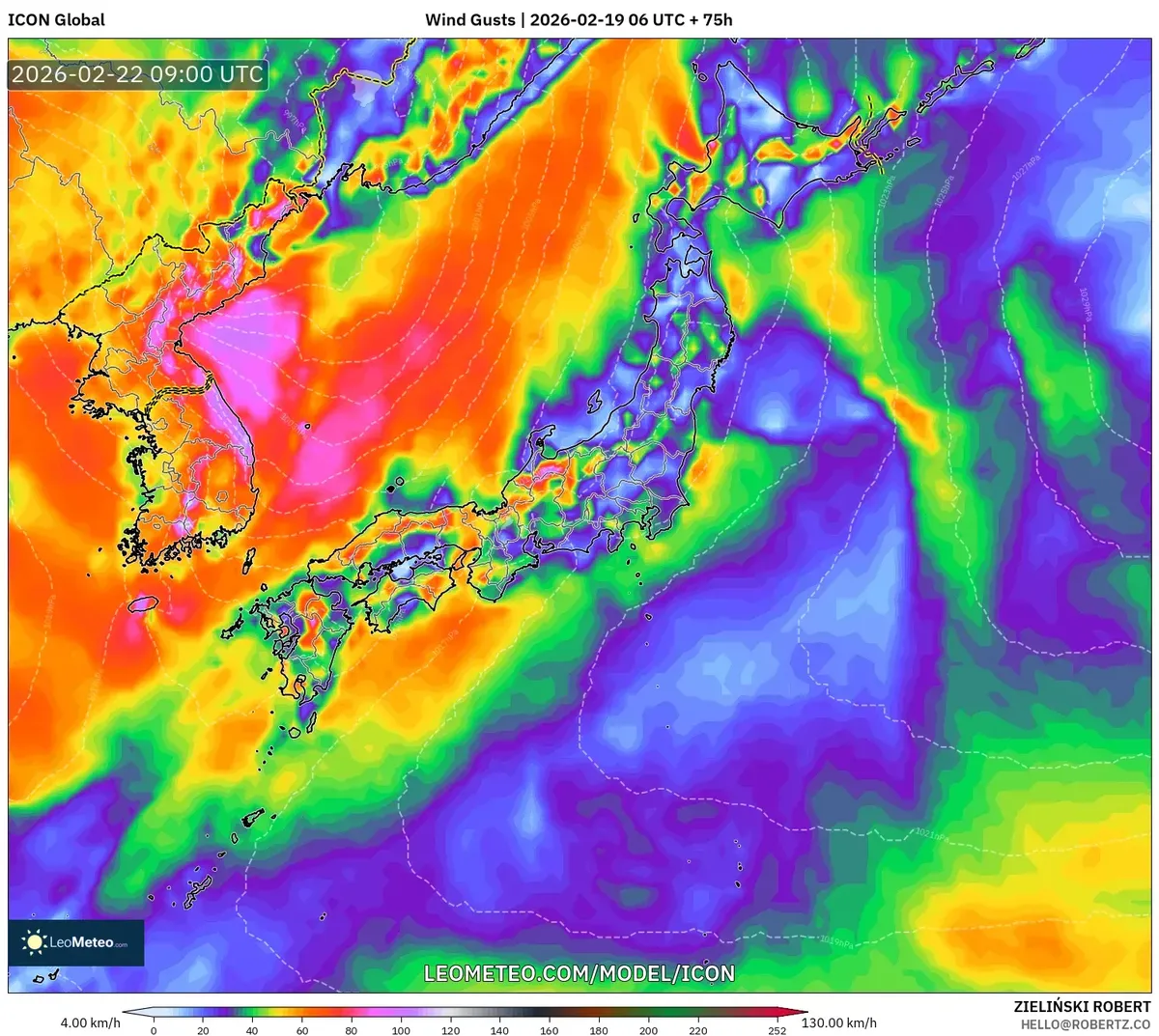 2026年2月22日 東日本で最大32km/hのやや強い風の予想