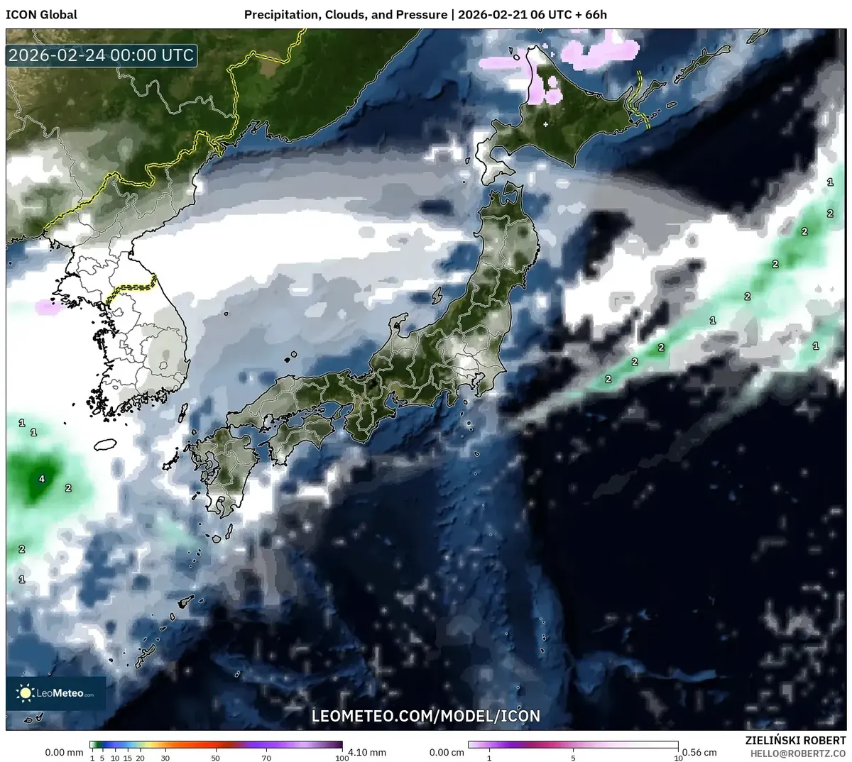 2026年2月23日 朝の日本付近の雲と晴れ間の分布（ICON）