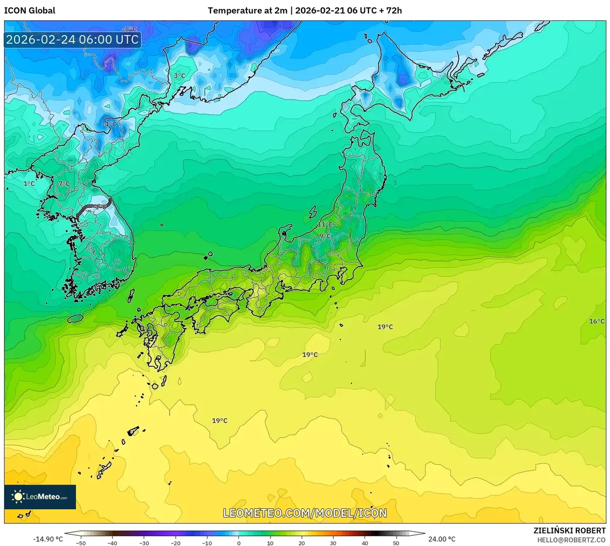 2026年2月23日 昼の最高気温分布（ICON）