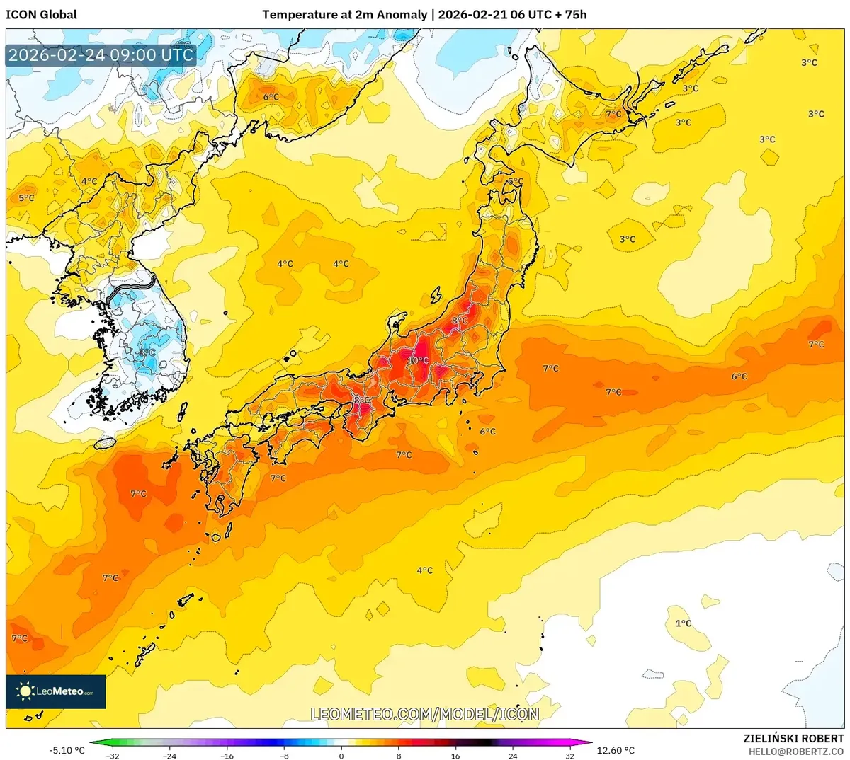 2026年2月23日 夜の気温の傾向（ICON）