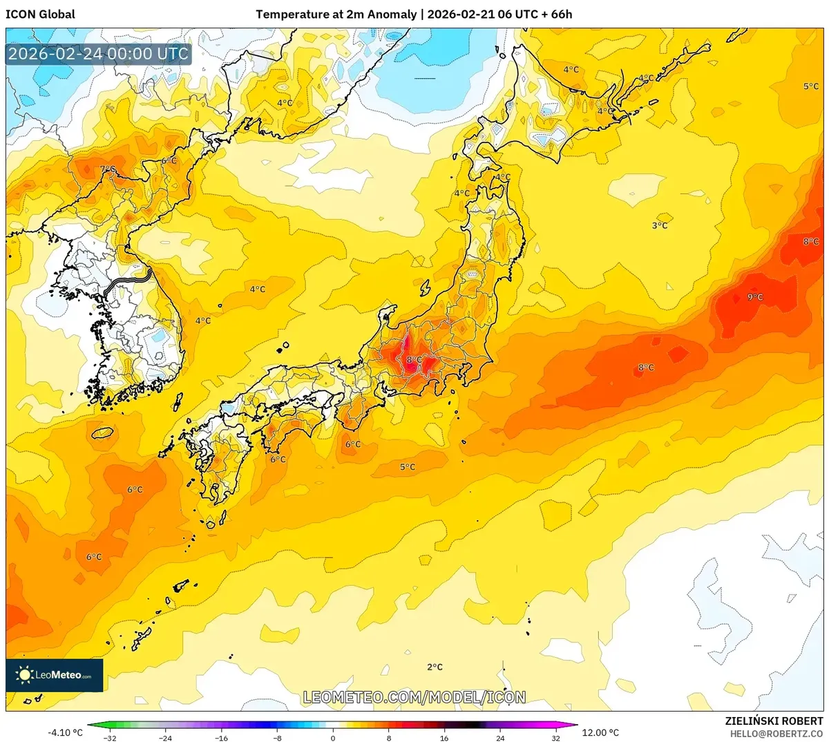 2026年2月24日 朝の曇り空と弱い霧雨の分布（ICON）