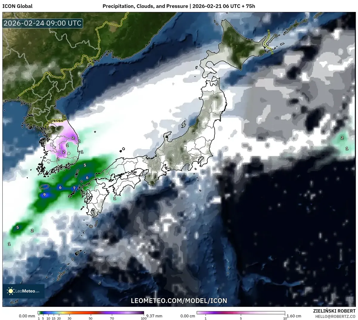 2026年2月24日 九州で雨が強まる見込み（ICON）
