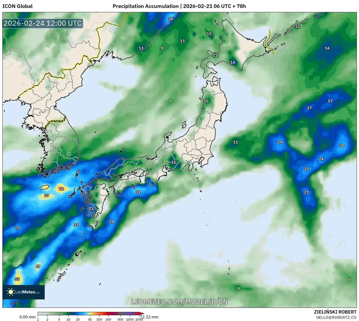 2026年2月24日 南日本の夜の降水量分布（ICON）