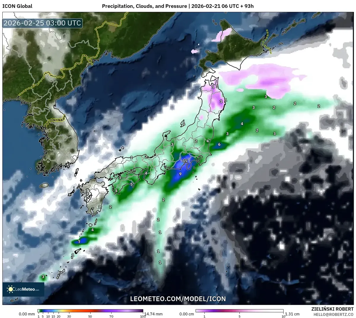2026年2月25日 朝の本州中部の雨域（ICON）