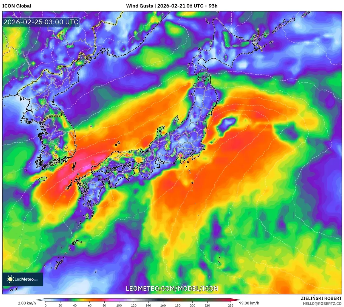 2026年2月25日 本州で風が強まる時間帯（ICON）