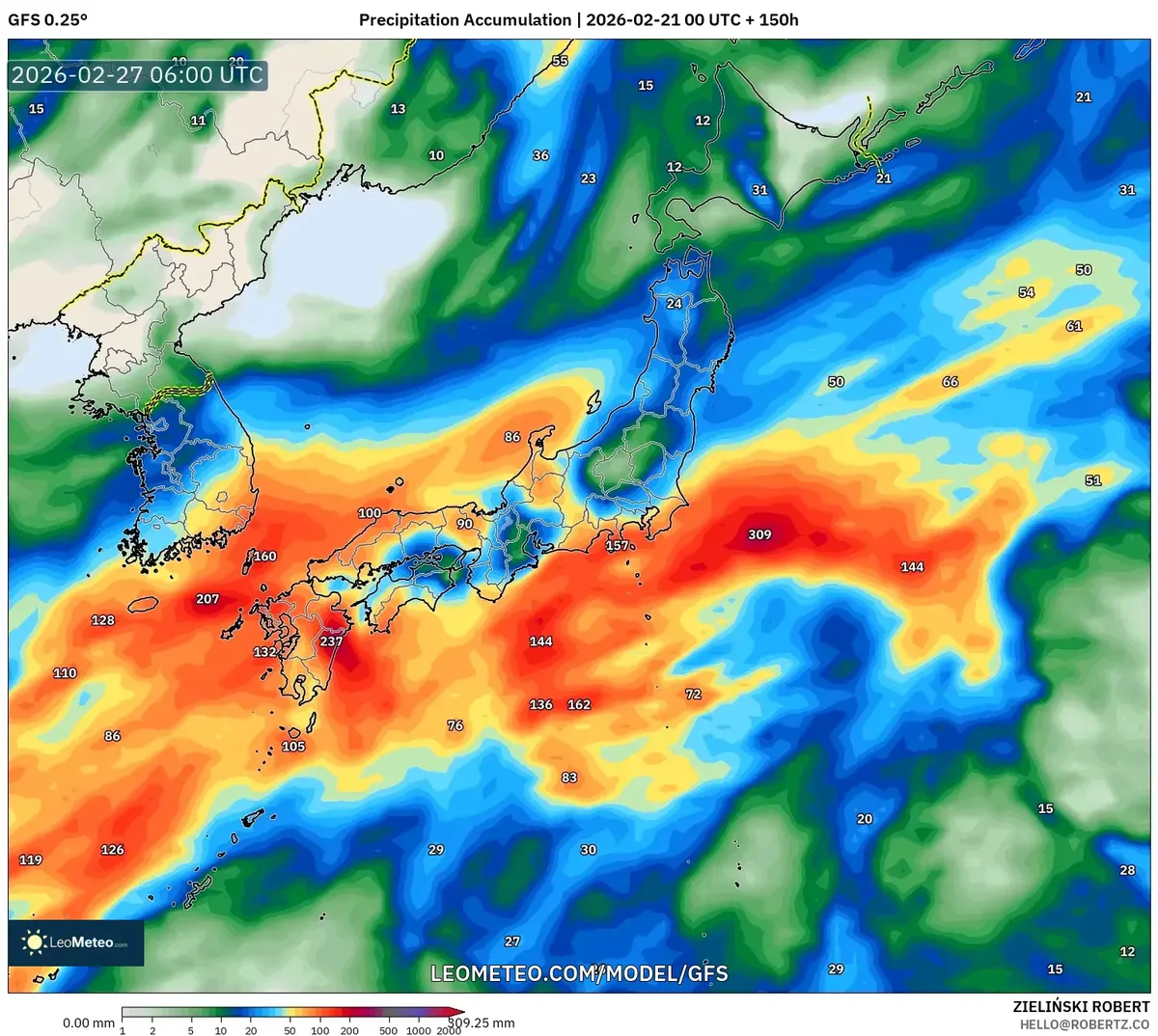 2026年2月27日 九州で雨が強まる午後（GFS）