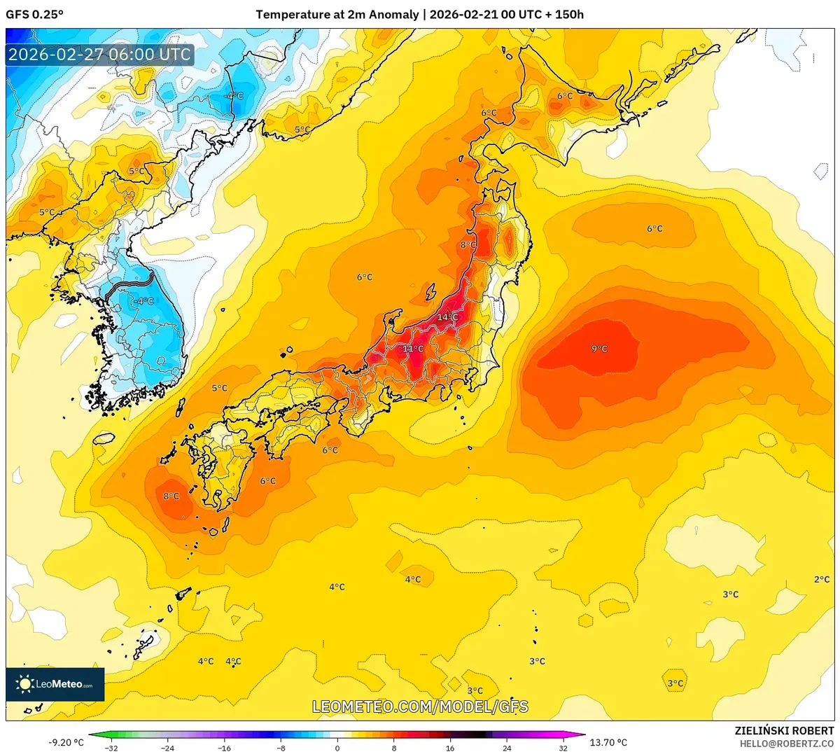 2026年2月27日 夜の気温平年差（GFS）