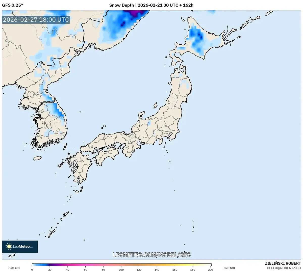 2026年2月28日 午後の北海道の降雪（GFS）
