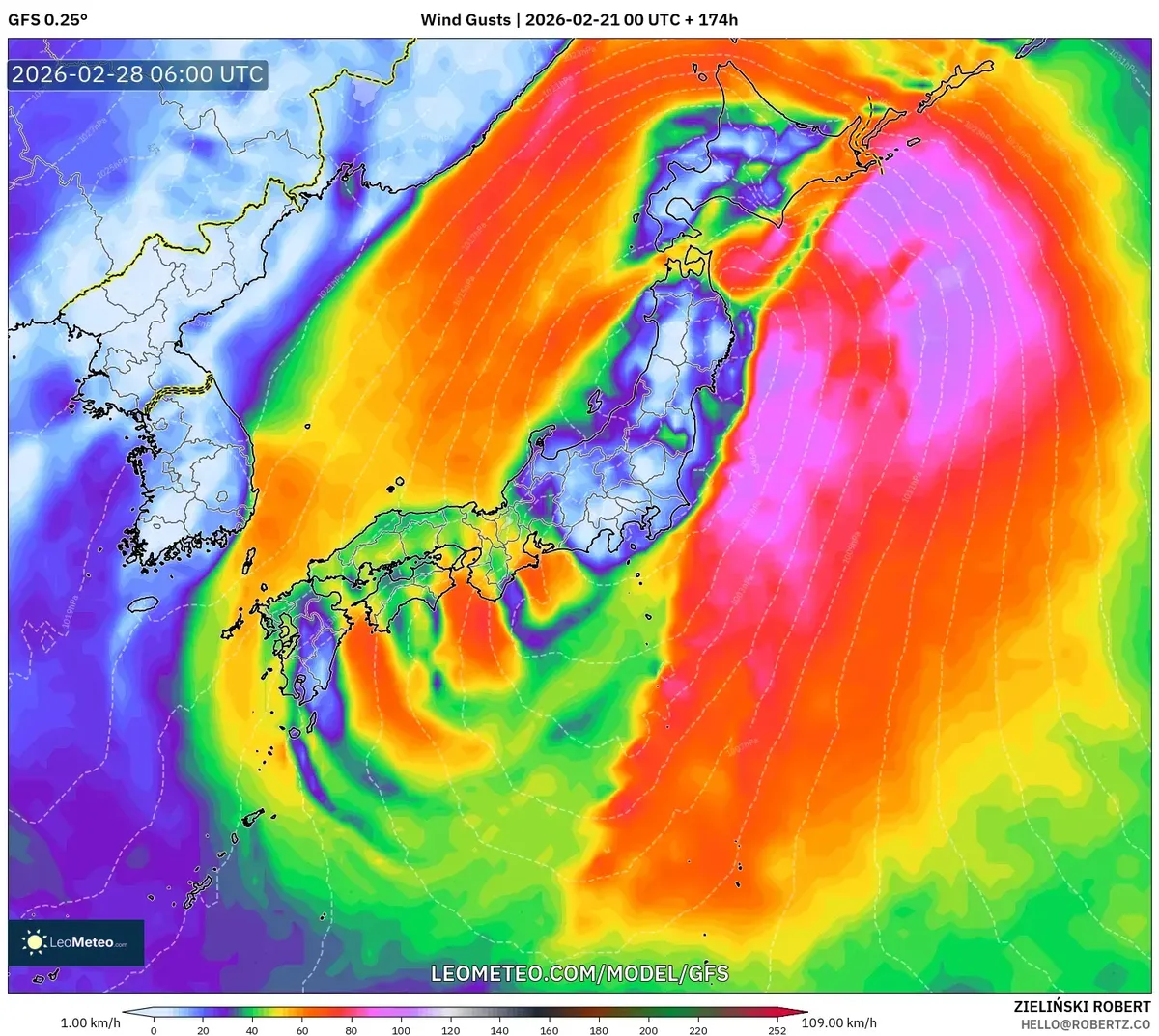 2026年2月28日 夜の日本付近の風の強まり（GFS）