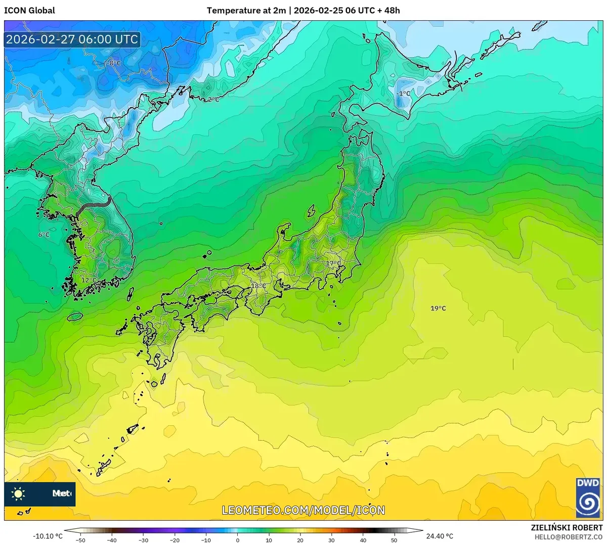 2026年2月27日 昼は本州中部で気温が高めに（ICON）