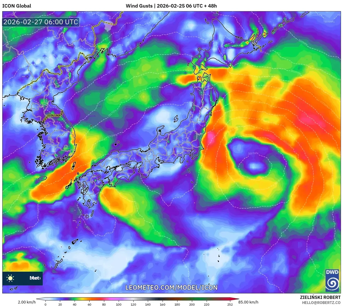 2026年2月27日 日本付近の風は全般に穏やか〜やや強め（ICON）