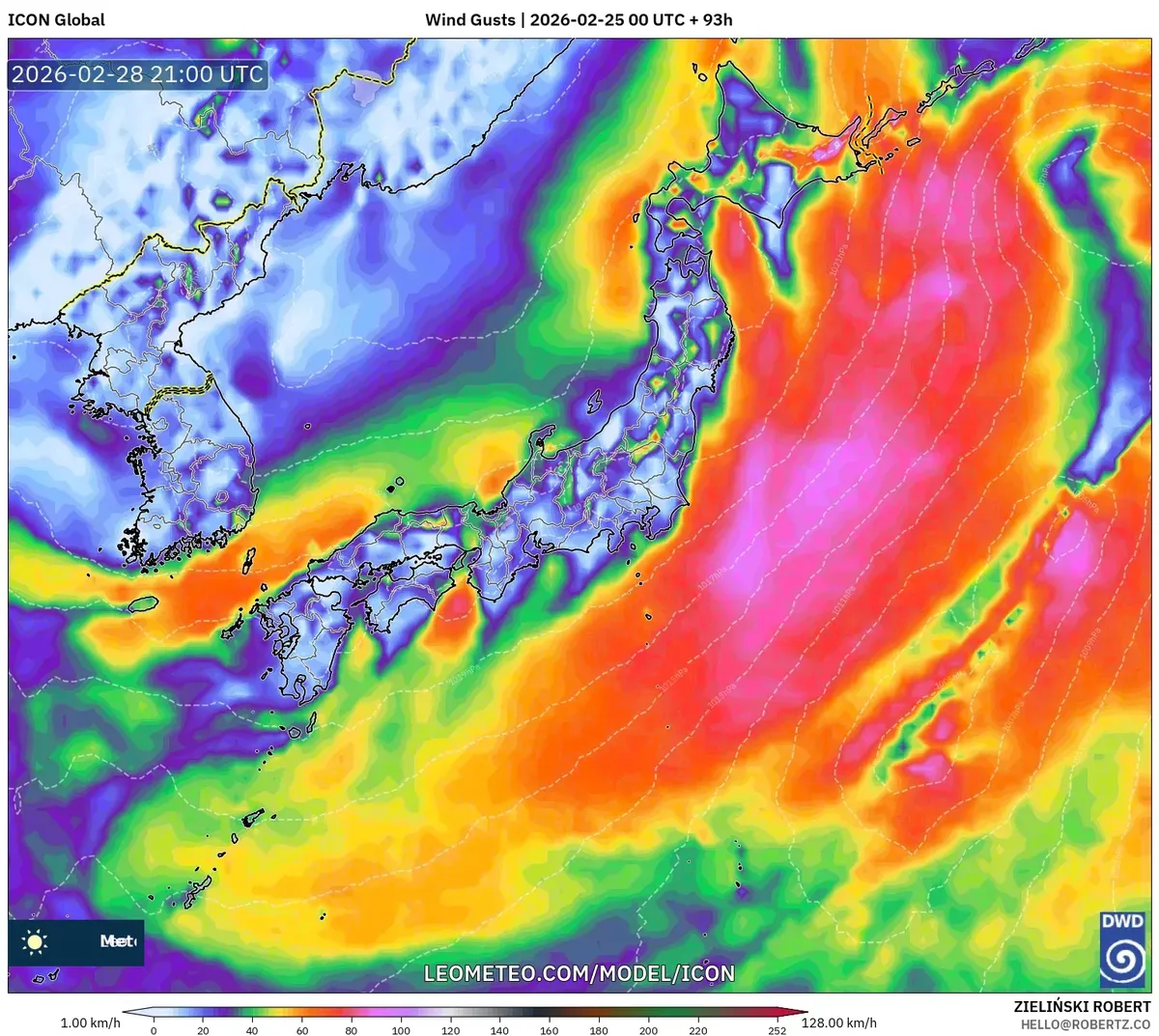 2026年3月1日 朝の日本付近の風の予想（ICON）