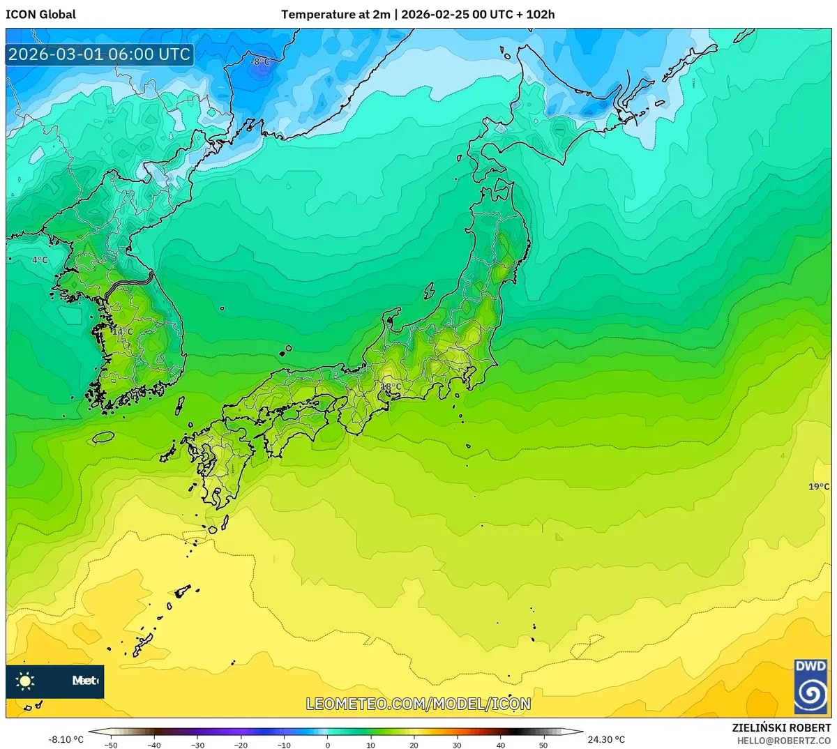 2026年3月1日 午後の日本各地の気温分布（ICON）