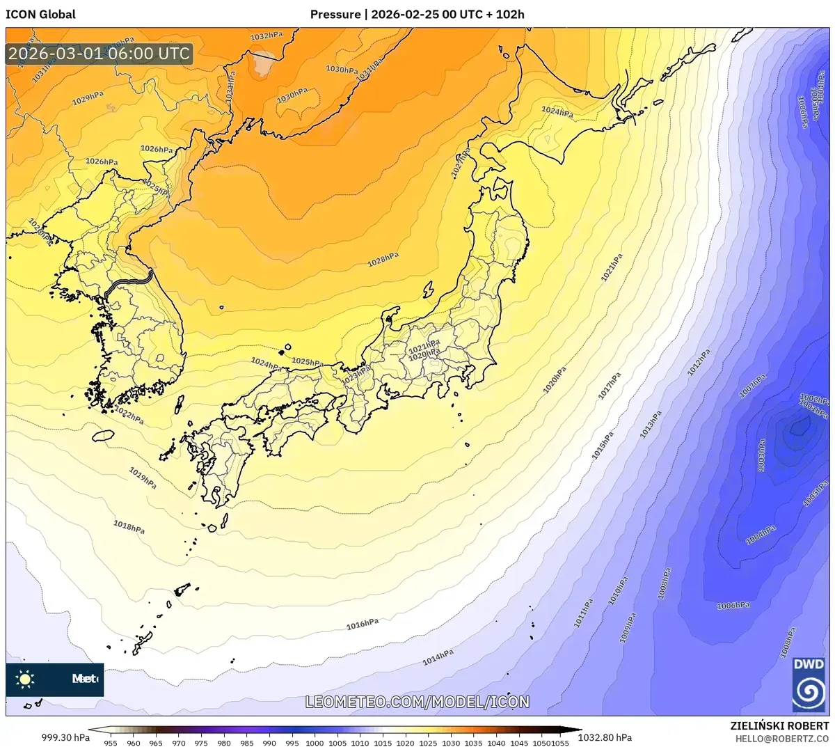 2026年3月1日 昼の日本付近の気圧配置（ICON）