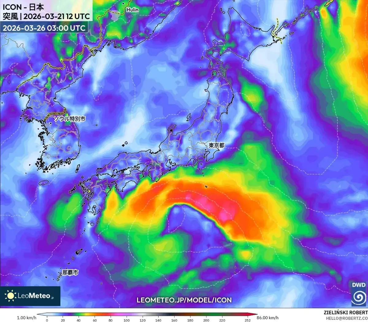 2026年3月26日 昼の日本各地の中程度の風