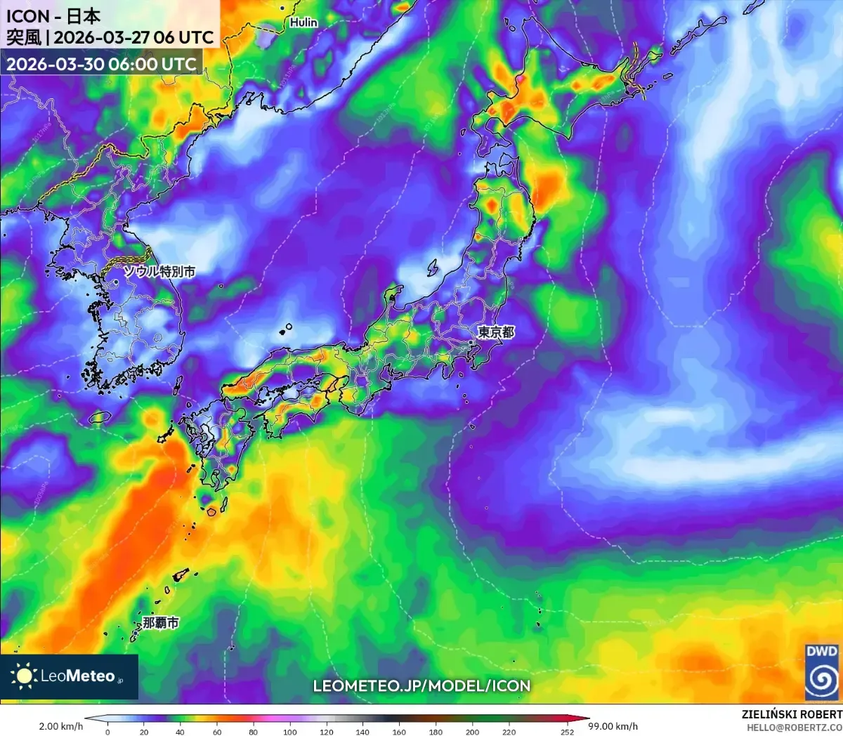 2026年3月30日 東京周辺で北東風がピーク（ICON）