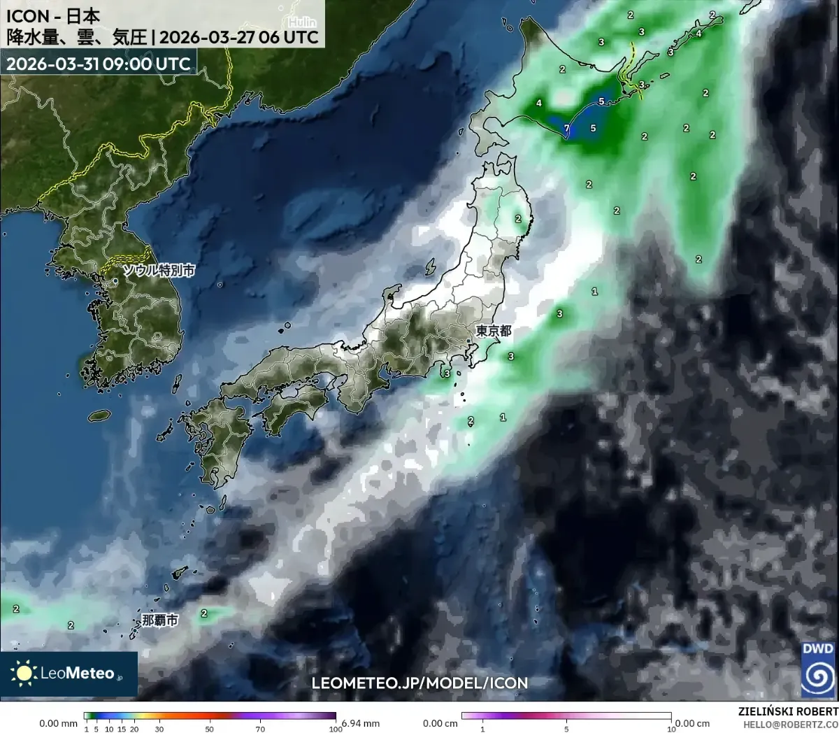 2026年3月31日 中部地方で雨が強まる予想（ICON）
