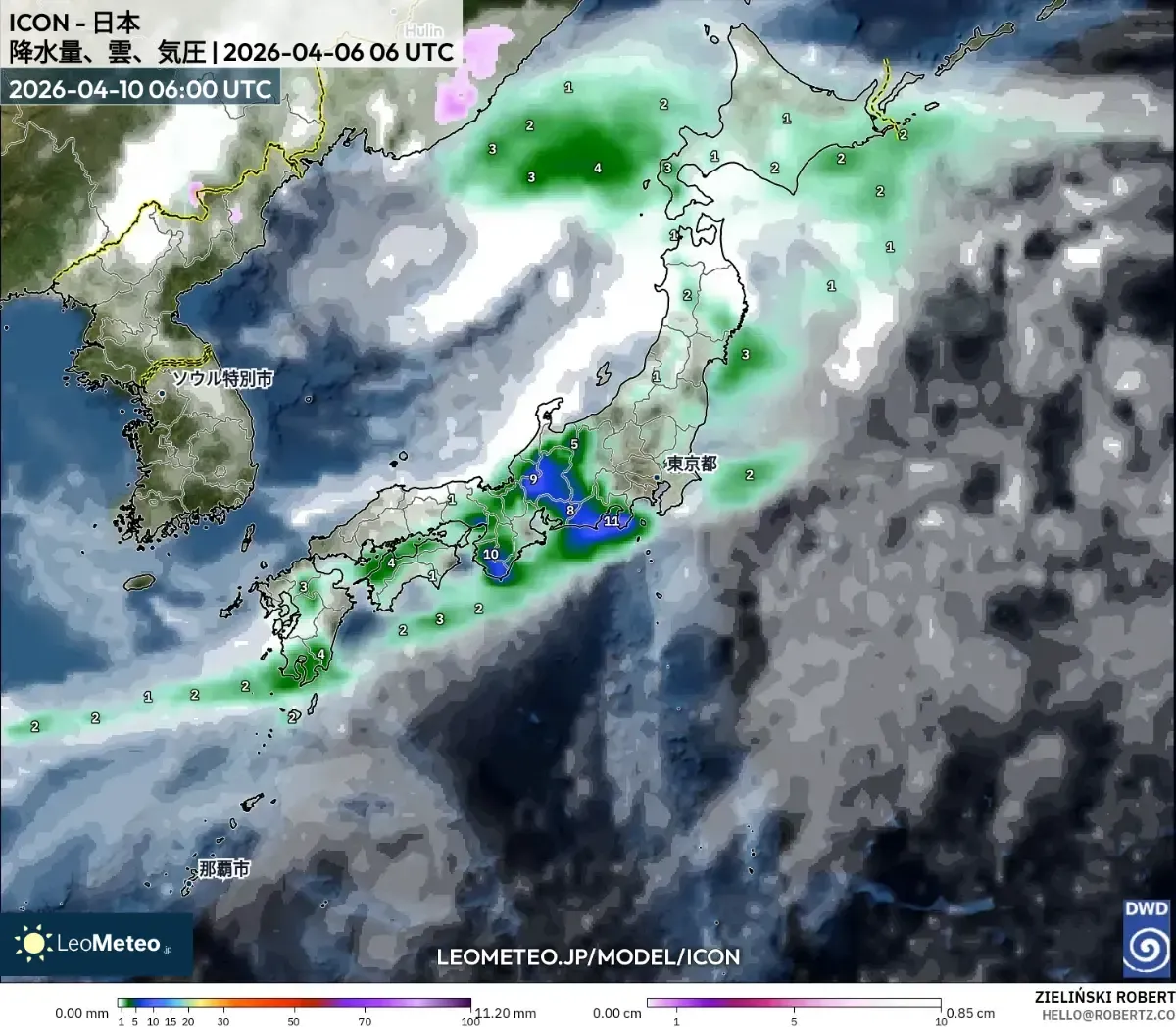 2026年4月10日、西日本〜中部を中心に強い雨（ICON）