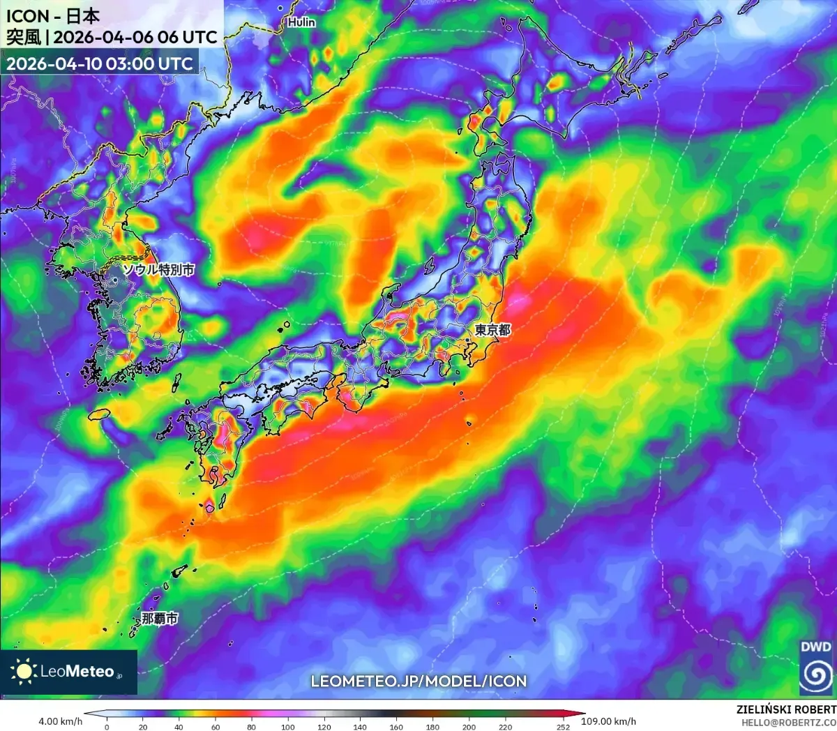 2026年4月10日、東京で北東風が強まる予想（ICON）