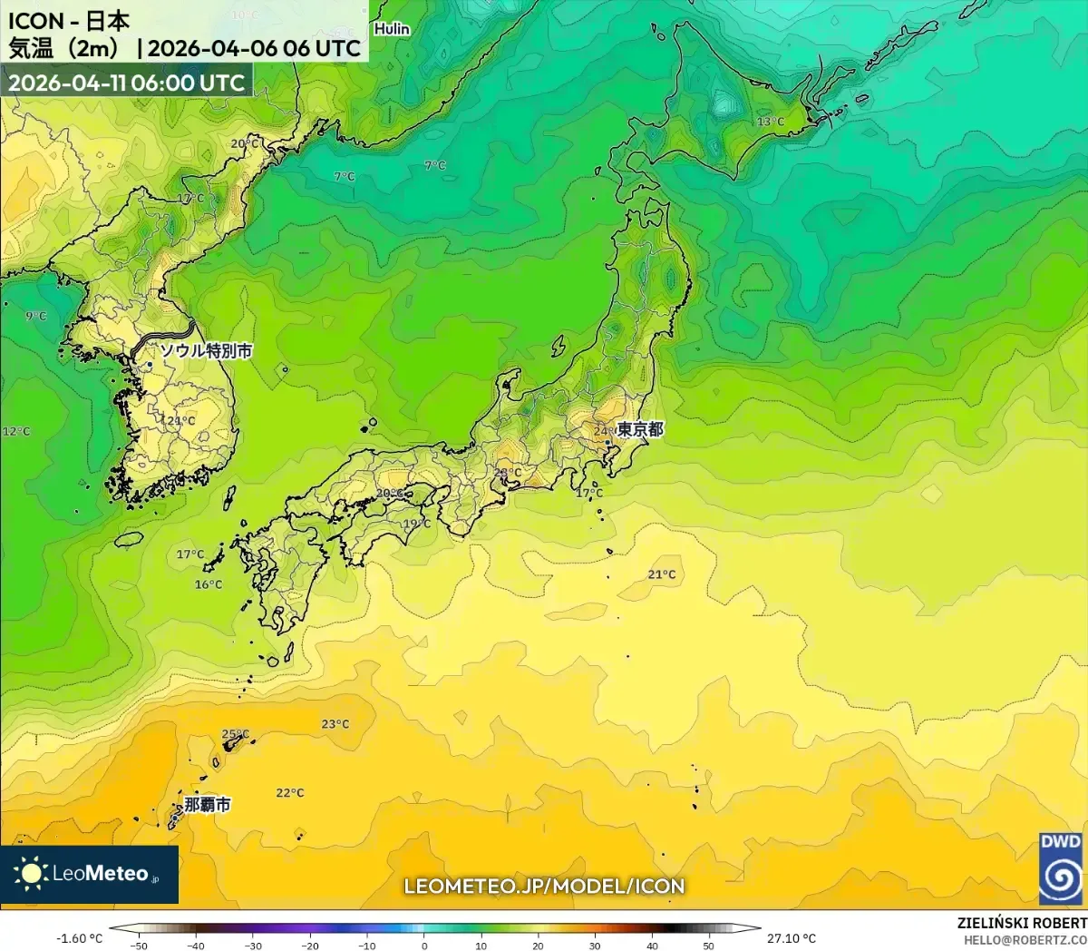 2026年4月11日、日本各地で昼間は暖かくなる予想（ICON）