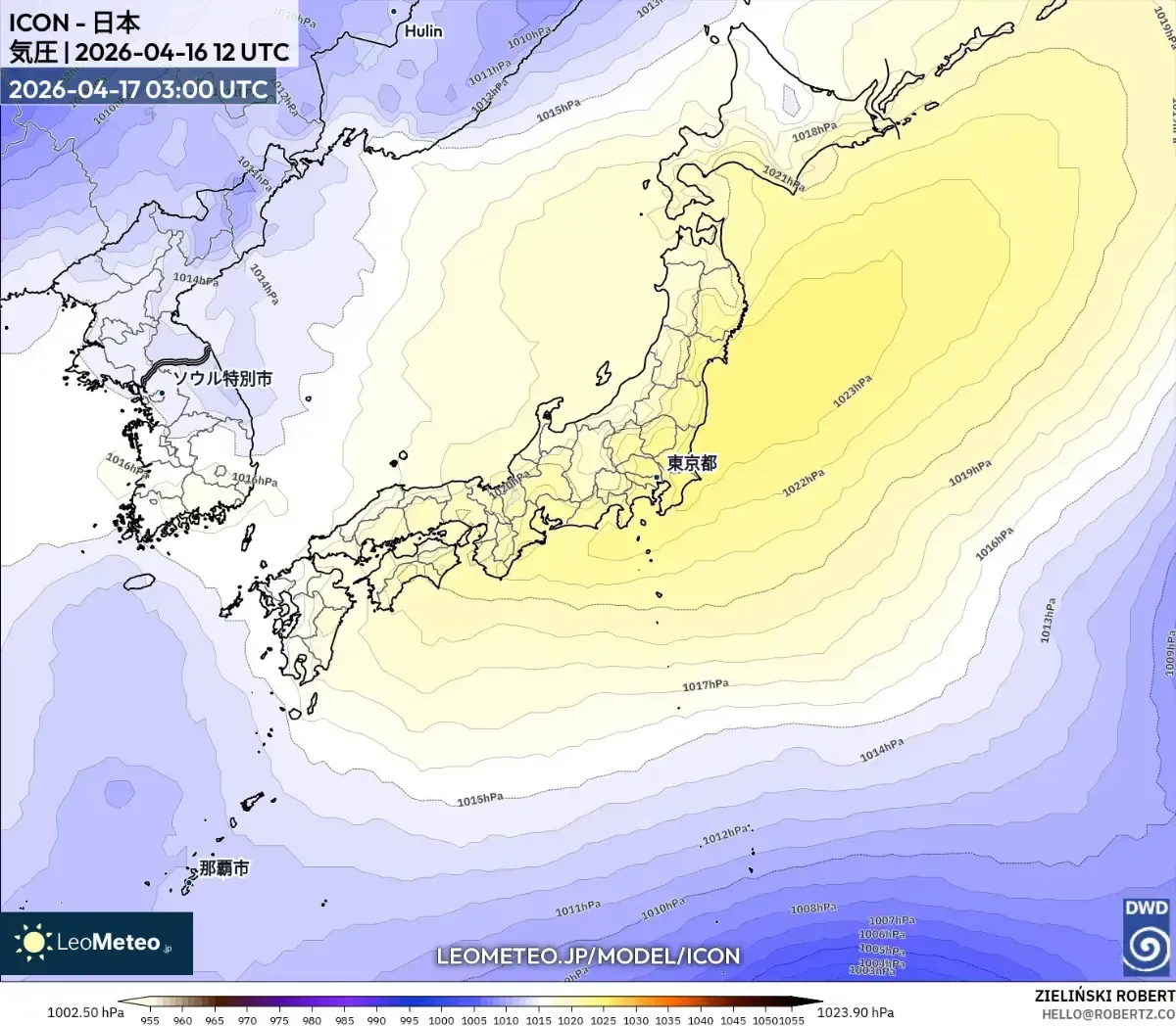 日本付近を覆う安定した高気圧（2026-04-17 正午 ICON）
