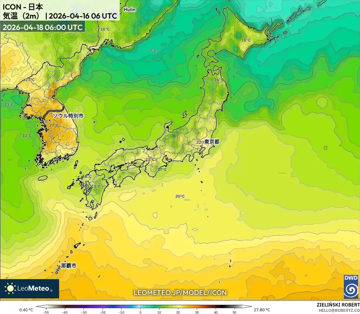 近畿地方で気温がピークに達する2026年4月18日（ICON）