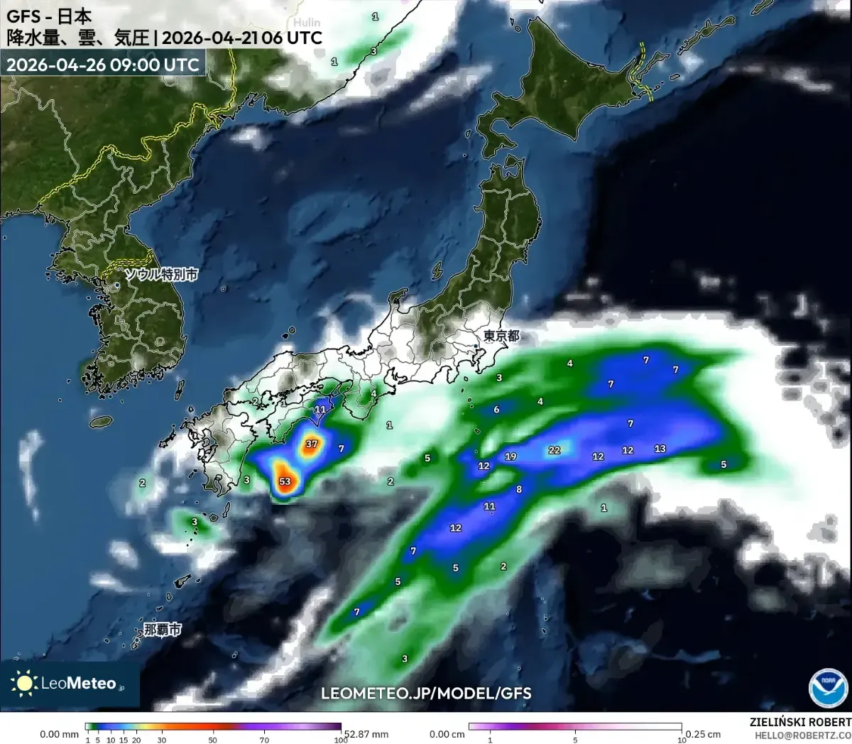 2026年4月26日、関西地方の夕方の雨（ICON）