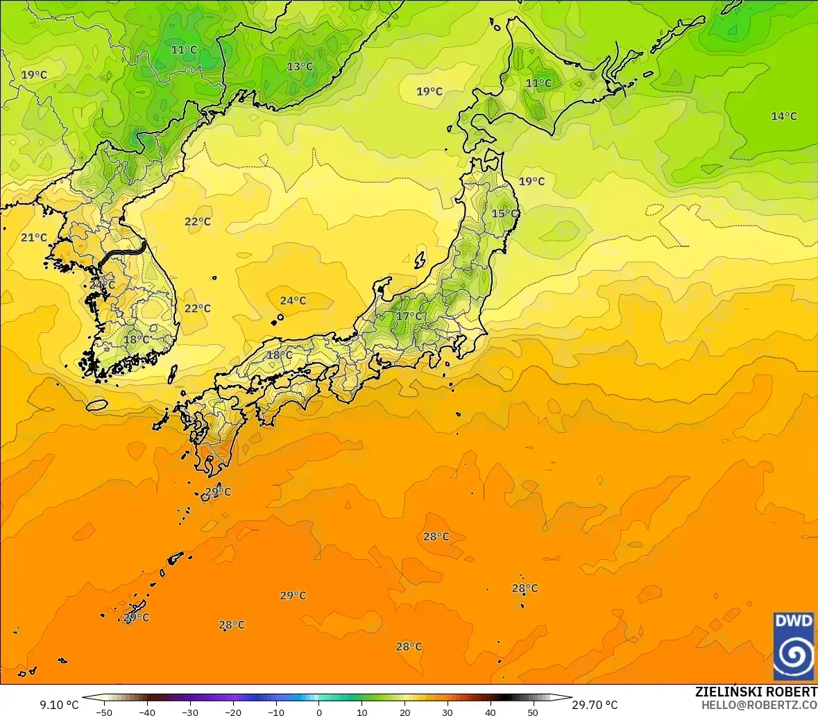 2026年9月26日(土)の日本における地上2m気温予報。ICONモデル