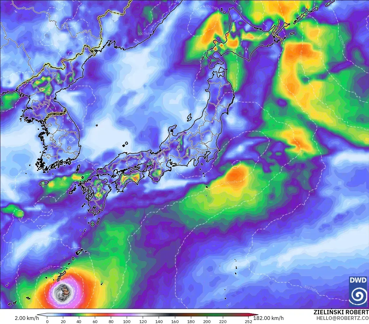 日本全土で最大瞬間風速39メートル、中心は台風の強さの風（33メートル以上）、2026年9月28日(月)、ICONモデル