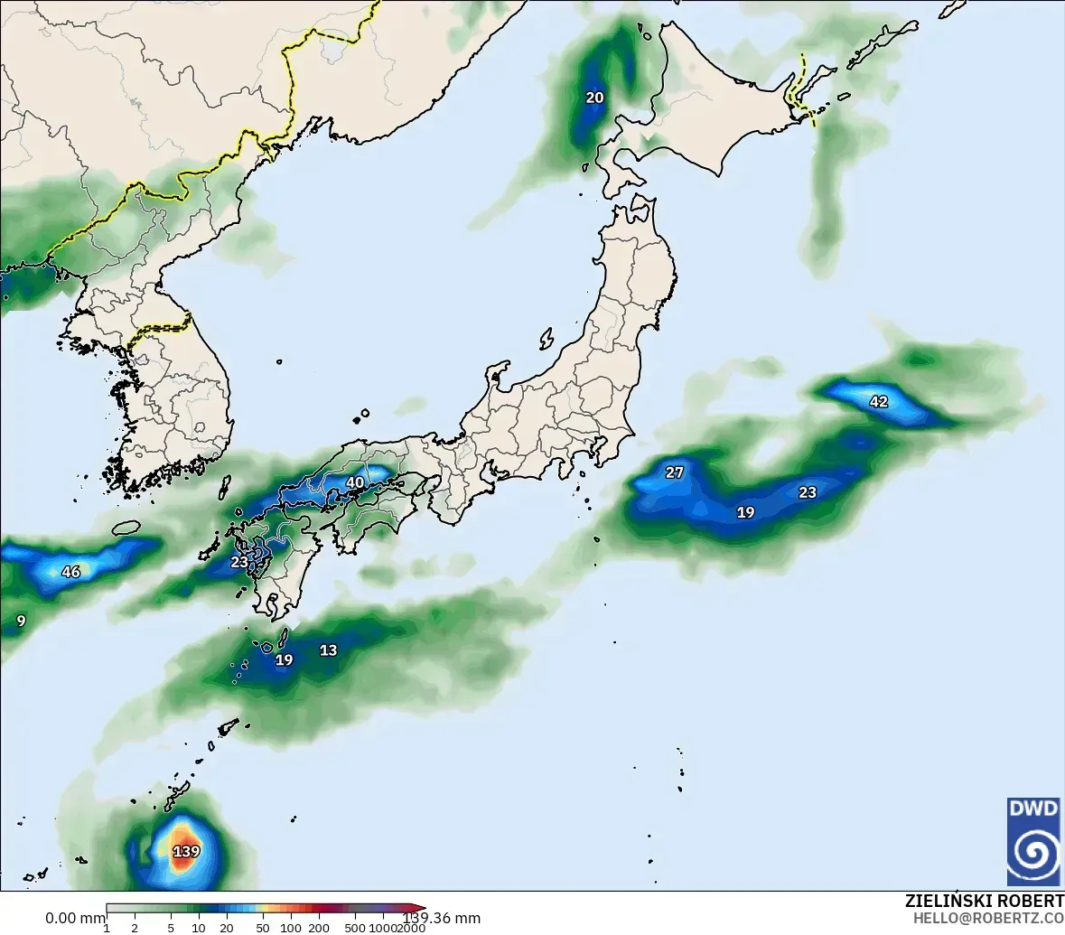 日本全土で28mmまでの降水量、2026年9月28日(月)、ICONモデル